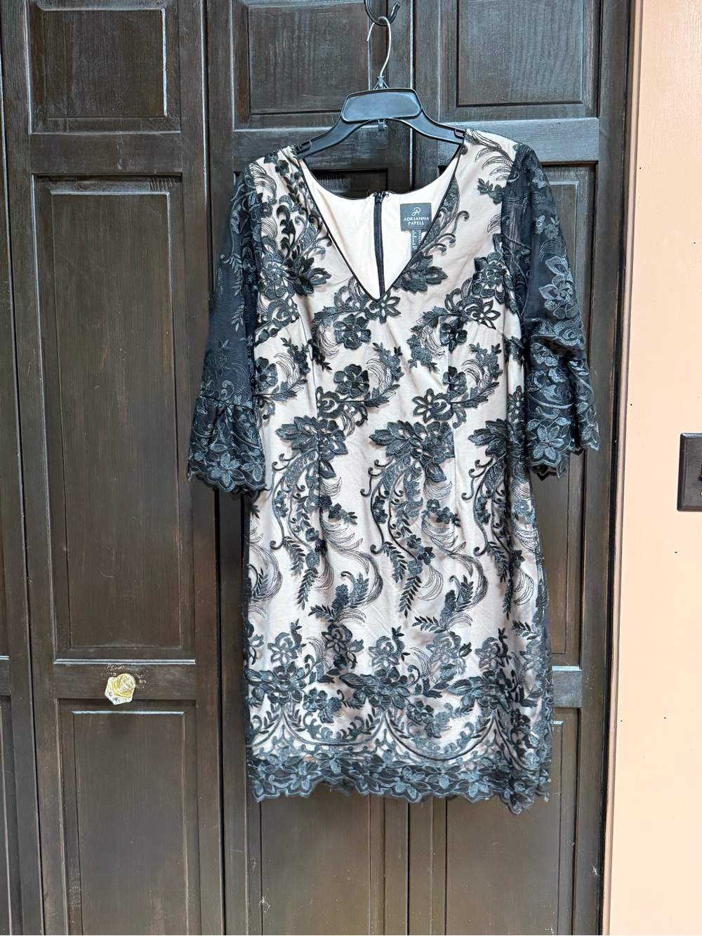 Adrianna Papell Black Lace Overlay on Nude Midi Dress